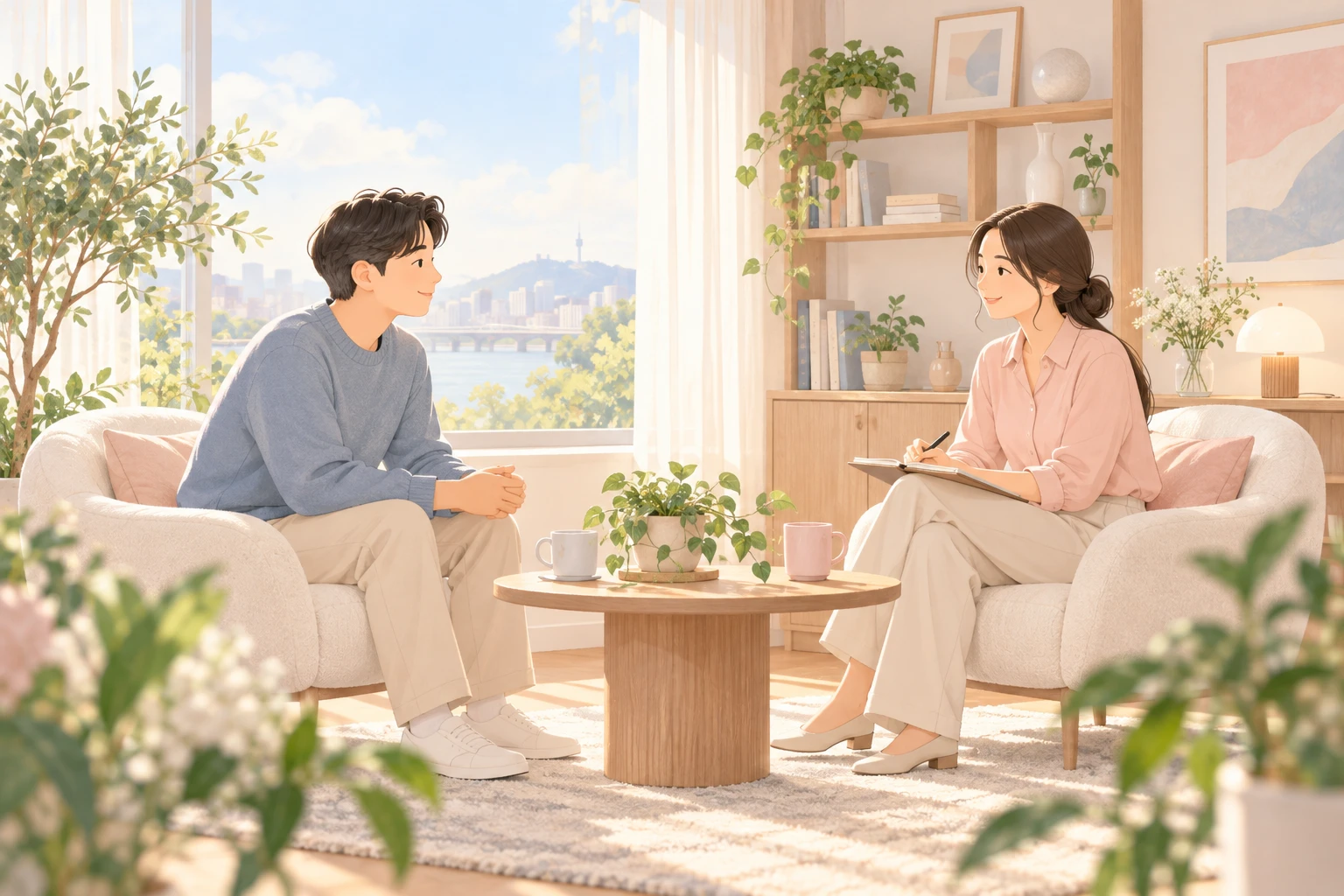 밝은 상담실에서 상담사와 내담자가 마주 앉아 대화하는 일러스트
